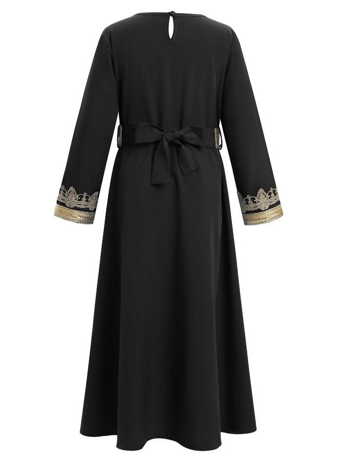 ODIZLI Muslim Dress for Kids Girls Abaya Middle East Ramadan Long Sleeve Lace Prayer Dress Arabic Kaftan with Belt, Black, 9-10 Years - Image 5