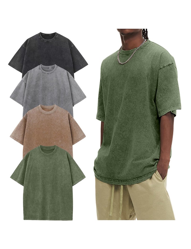 Arssm 4 Pack Oversized Tshirts for Men Acid Wash Loose Fit Vintage Cotton Heavyweight T Shirts Baggy Tees(BlackGreyKhakiArmy-XL) - Image 1