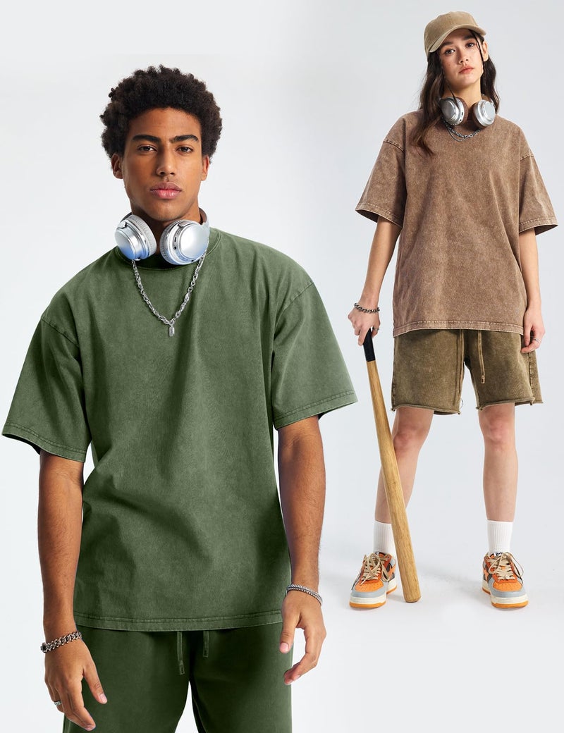 Arssm 4 Pack Oversized Tshirts for Men Acid Wash Loose Fit Vintage Cotton Heavyweight T Shirts Baggy Tees(BlackGreyKhakiArmy-XL) - Image 4