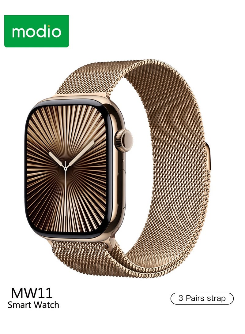 موديو ساعة Modio MW11 الذكية بشاشة عرض كاملة مقاس 2.2 بوصة مع 3 أشرطة قابلة للتبديل وكابل شحن للسيدات والرجال ذهبي - Image 1