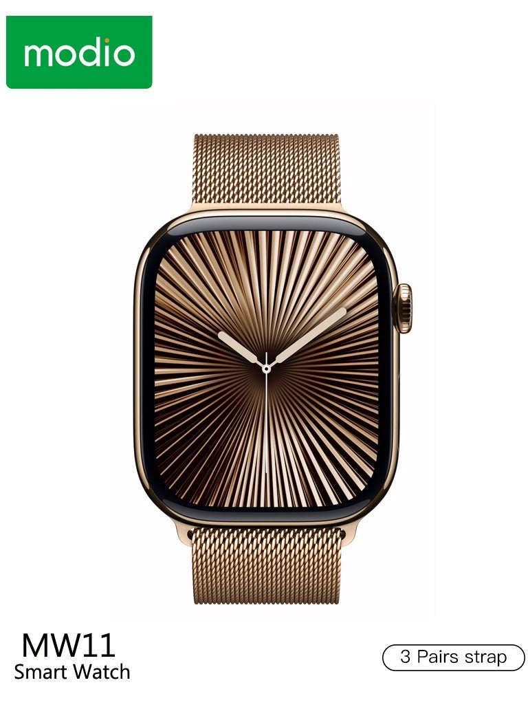 موديو ساعة Modio MW11 الذكية بشاشة عرض كاملة مقاس 2.2 بوصة مع 3 أشرطة قابلة للتبديل وكابل شحن للسيدات والرجال ذهبي - Image 2