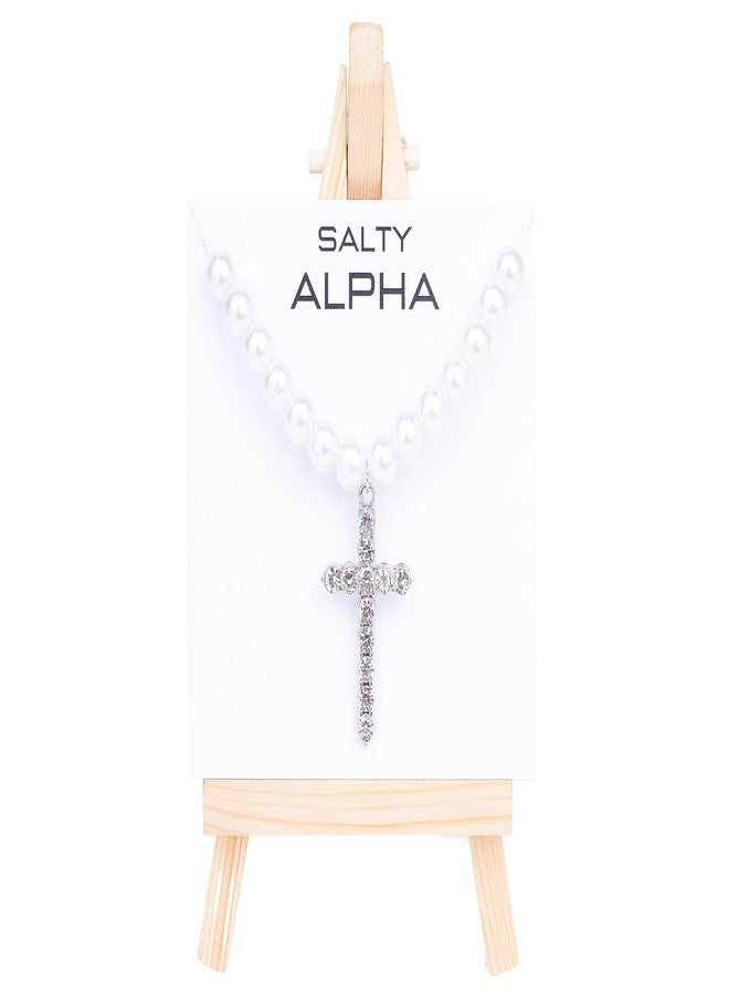 SALTY ALPHA سلسلة قلادة صليب من الفولاذ المقاوم للصدأ من سالتي ألفا، مقاومة للصدأ، مزينة باللؤلؤ، للرجال | قلادة أنيقة | إكسسوارات مجوهرات للأولاد | مجوهرات بسيطة | هدايا للحبيب والزوج | زواج، عيد ميلاد | هدية عيد الحب - Image 3