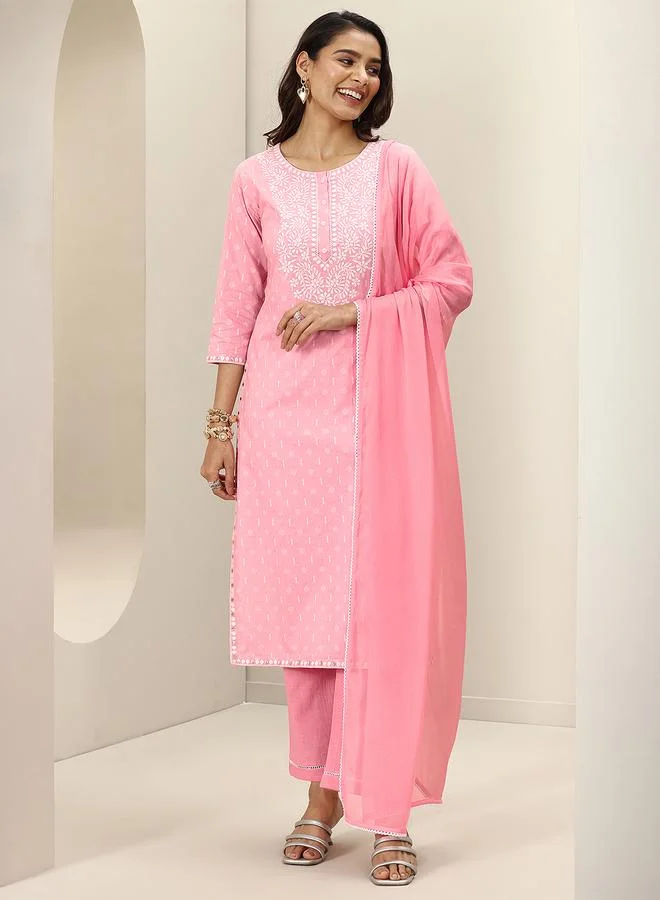 Pink Embroidered Cotton Straight Kurta, Trousers and Dupatta Set