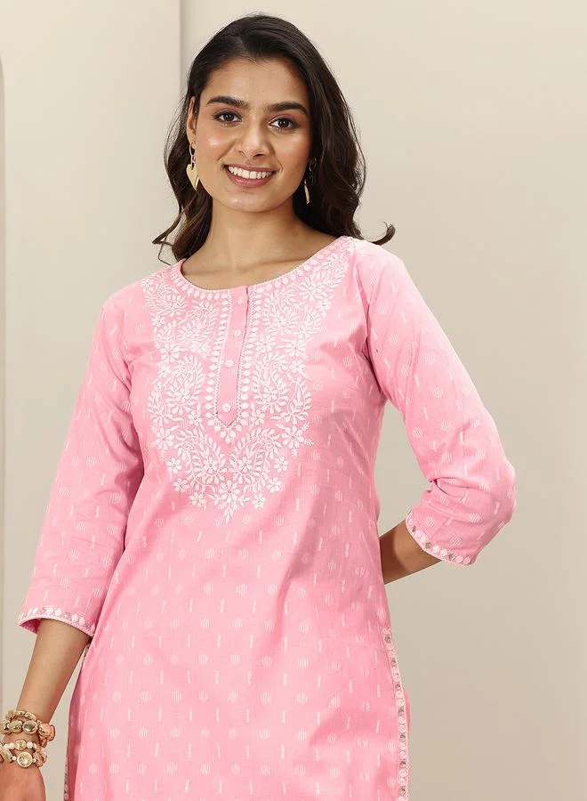 Libas  Pink Embroidered Cotton Straight Kurta, Trousers and Dupatta Set for Women | Best Price UAE