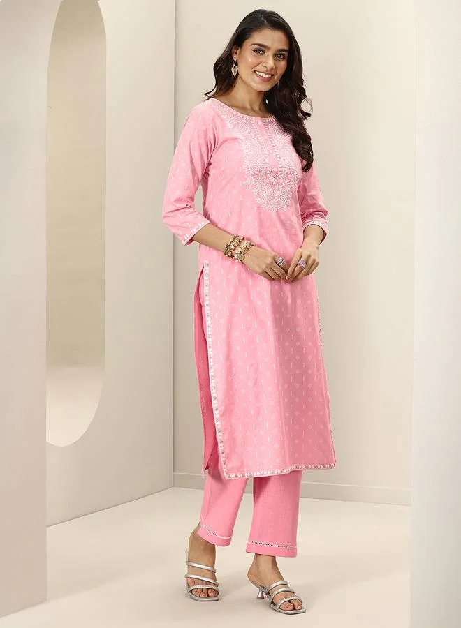 Libas Pink Embroidered Cotton Straight Kurta, Trousers and Dupatta Set