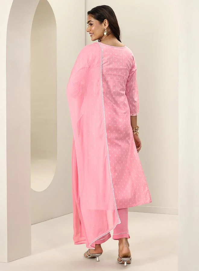 Libas  Pink Embroidered Cotton Straight Kurta, Trousers and Dupatta Set for Women | Best Price UAE