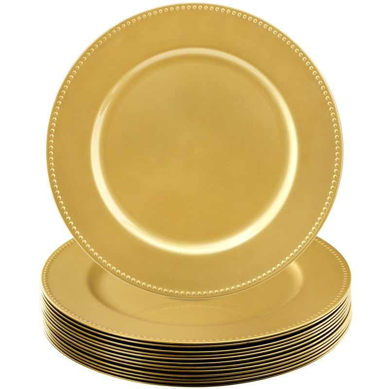 Okllen 12 Pack Plastic Gold Charger Plates, 13" Round Beaded Charger Plates for Wedding, Catering Event, Tabletop Decor - Image 1