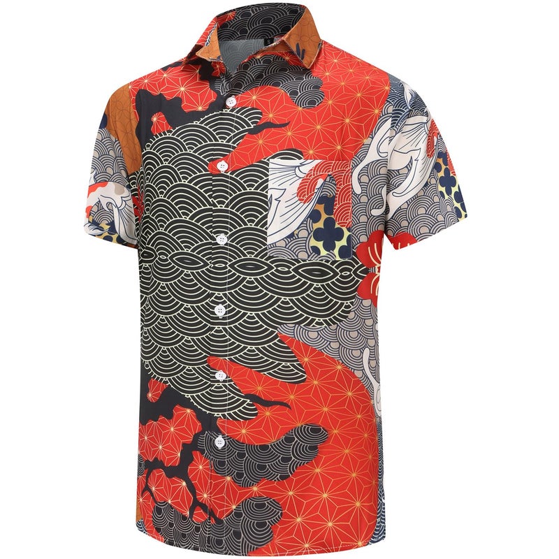 KYKU Mens Casual Button Down Shirts Short Sleeve Hawaiian Shirt, Multicolor, L - Image 3