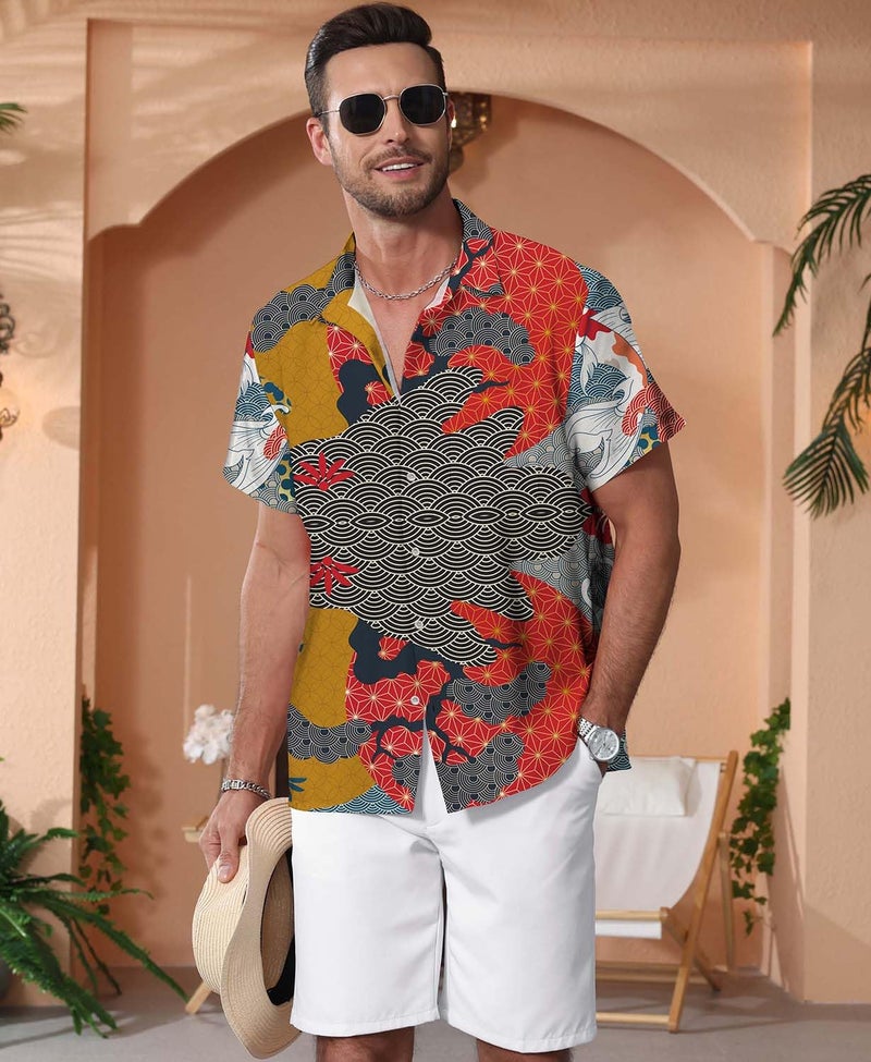KYKU Mens Casual Button Down Shirts Short Sleeve Hawaiian Shirt, Multicolor, L - Image 2