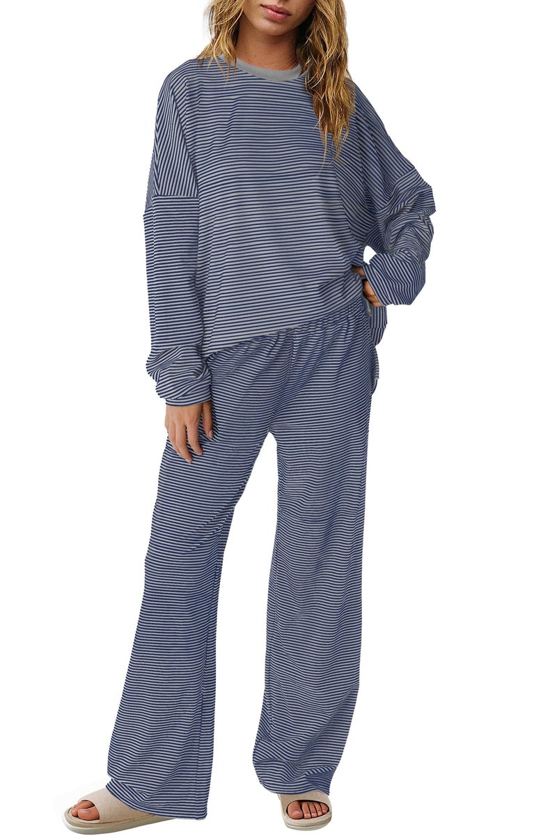 Panadila Womens 2 Piece Lounge Sets Striped Long Sleeve Pajama Set Oversized Tshirts Wide Leg Pant Loungewear (Navy Grey Combo,Medium) - Image 1