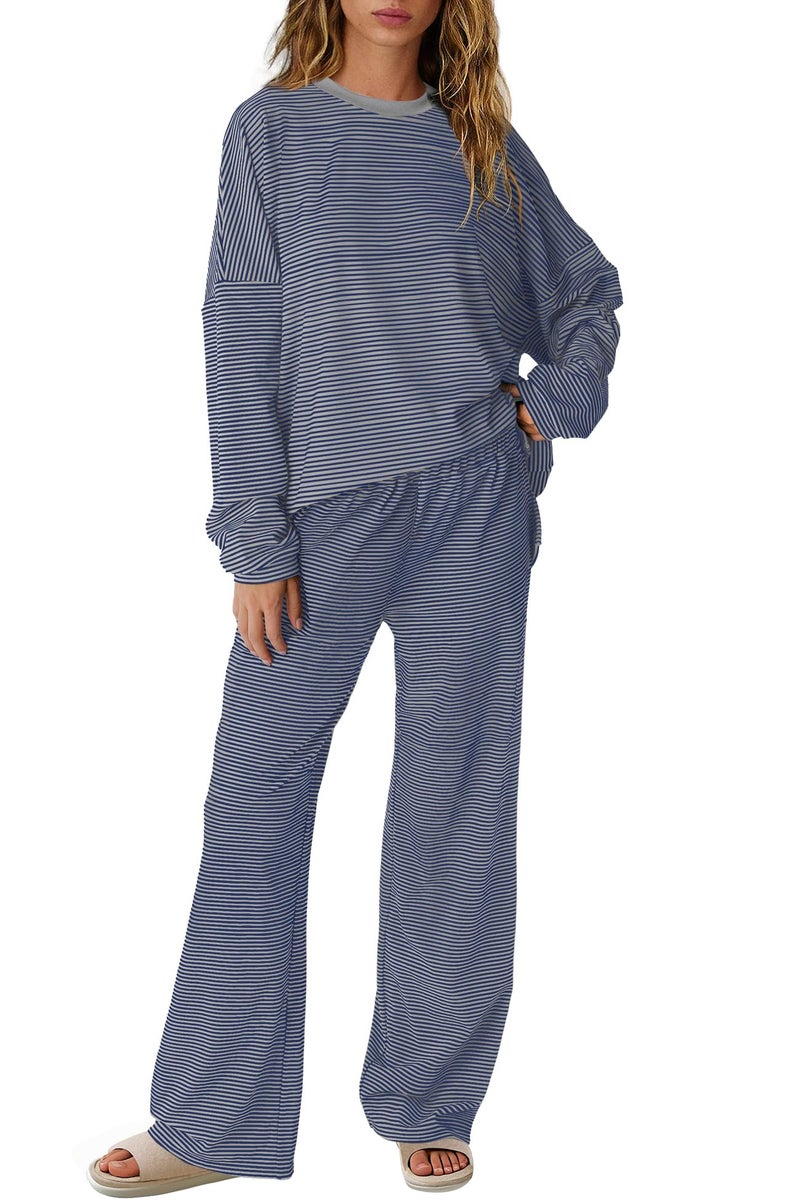 Panadila Womens 2 Piece Lounge Sets Striped Long Sleeve Pajama Set Oversized Tshirts Wide Leg Pant Loungewear (Navy Grey Combo,Medium) - Image 2