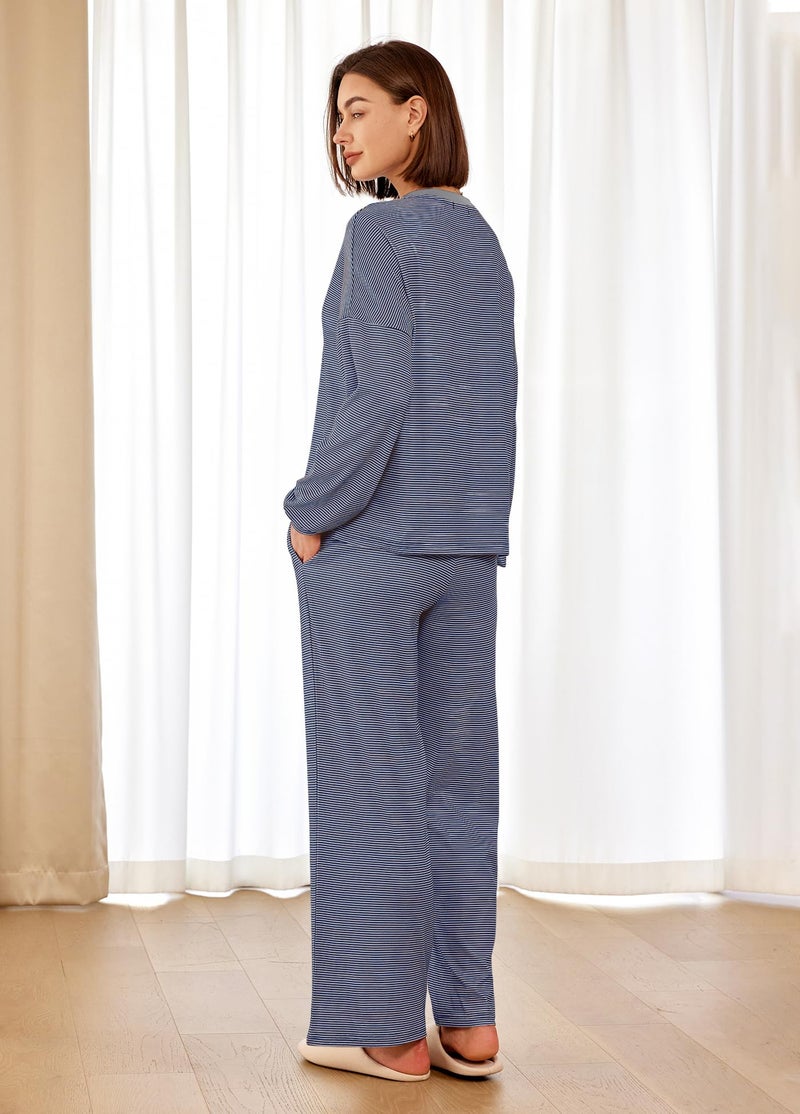 Panadila Womens 2 Piece Lounge Sets Striped Long Sleeve Pajama Set Oversized Tshirts Wide Leg Pant Loungewear (Navy Grey Combo,Medium) - Image 4