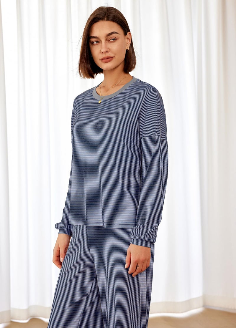 Panadila Womens 2 Piece Lounge Sets Striped Long Sleeve Pajama Set Oversized Tshirts Wide Leg Pant Loungewear (Navy Grey Combo,Medium) - Image 3