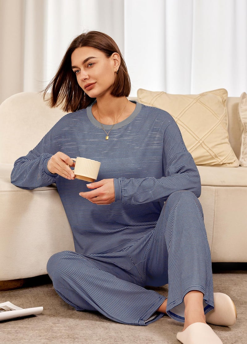 Panadila Womens 2 Piece Lounge Sets Striped Long Sleeve Pajama Set Oversized Tshirts Wide Leg Pant Loungewear (Navy Grey Combo,Medium) - Image 5
