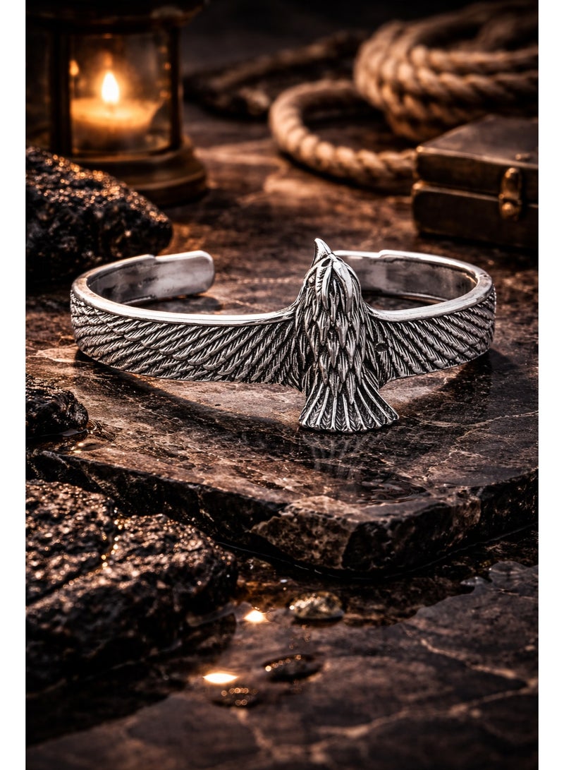 FINE SILVER 925 Sterling Silver Men's Cuff Bracelet with Detailed Eagle Head and Feather Design - Image 3