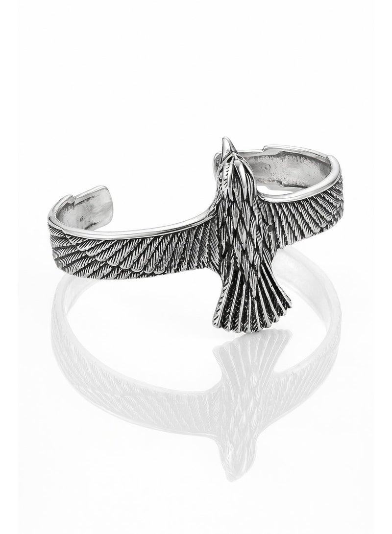 FINE SILVER 925 Sterling Silver Men's Cuff Bracelet with Detailed Eagle Head and Feather Design - Image 1