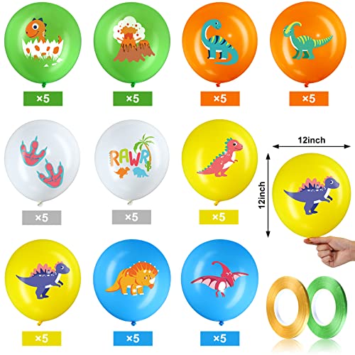 Zomiboo 40 Pcs Dinosaur Balloons Dino Latex Balloons for Birthday Party 12 Inch Colorful Dinosaur Birthday Balloon Green Orange Yellow Jungle Dino Themed Decor with 2 Rolls of Ribbon for Baby Shower - Image 5