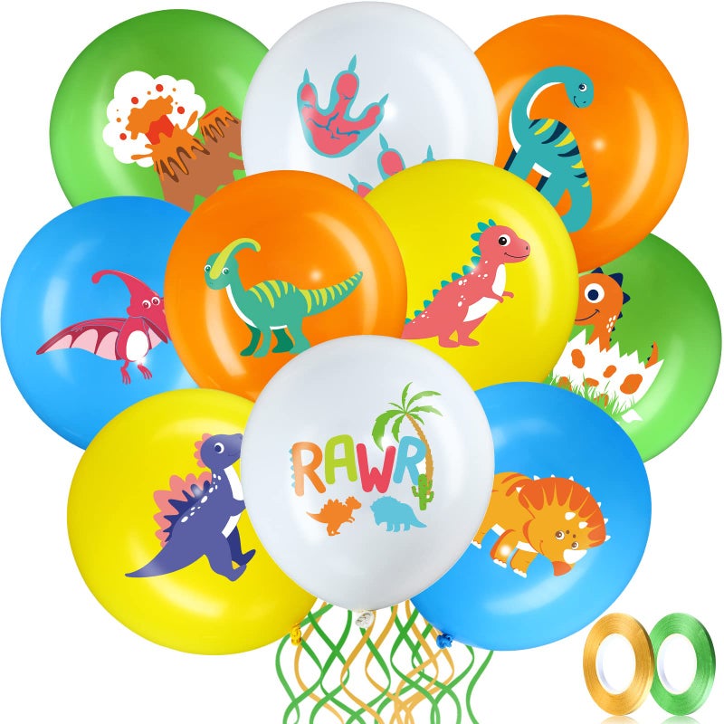 Zomiboo 40 Pcs Dinosaur Balloons Dino Latex Balloons for Birthday Party 12 Inch Colorful Dinosaur Birthday Balloon Green Orange Yellow Jungle Dino Themed Decor with 2 Rolls of Ribbon for Baby Shower - Image 3
