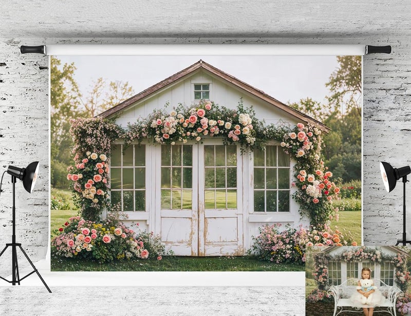 Kate Spring Flower House Valentine Backdrop Rustic Garden Background Door Floral Photo Background Studio Props,7x5ft - Image 1