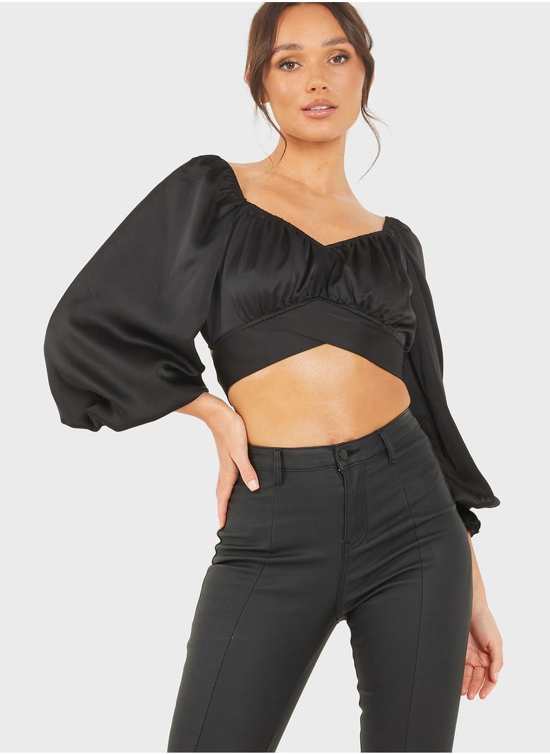 QUIZ Balloon Sleeve Tie Detail Crop Top  - Image 1