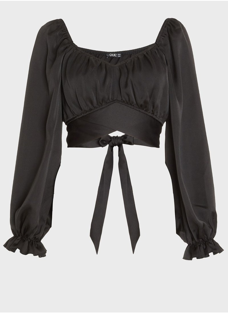 QUIZ Balloon Sleeve Tie Detail Crop Top  - Image 4