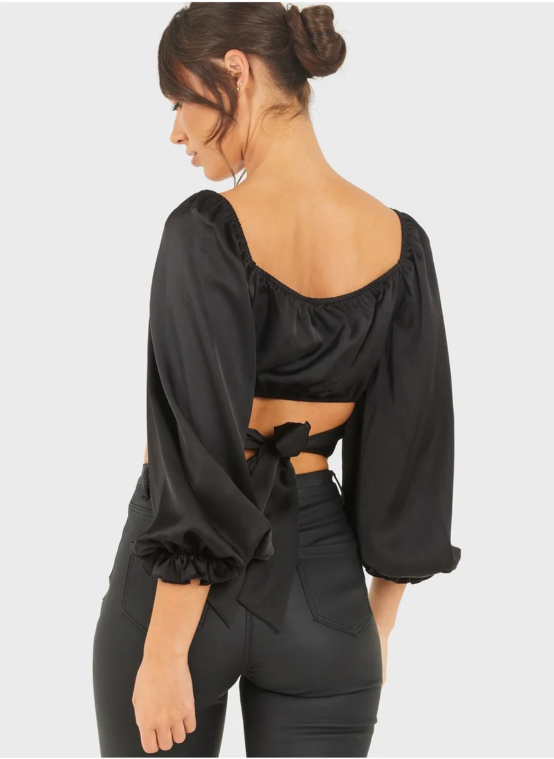 QUIZ Balloon Sleeve Tie Detail Crop Top