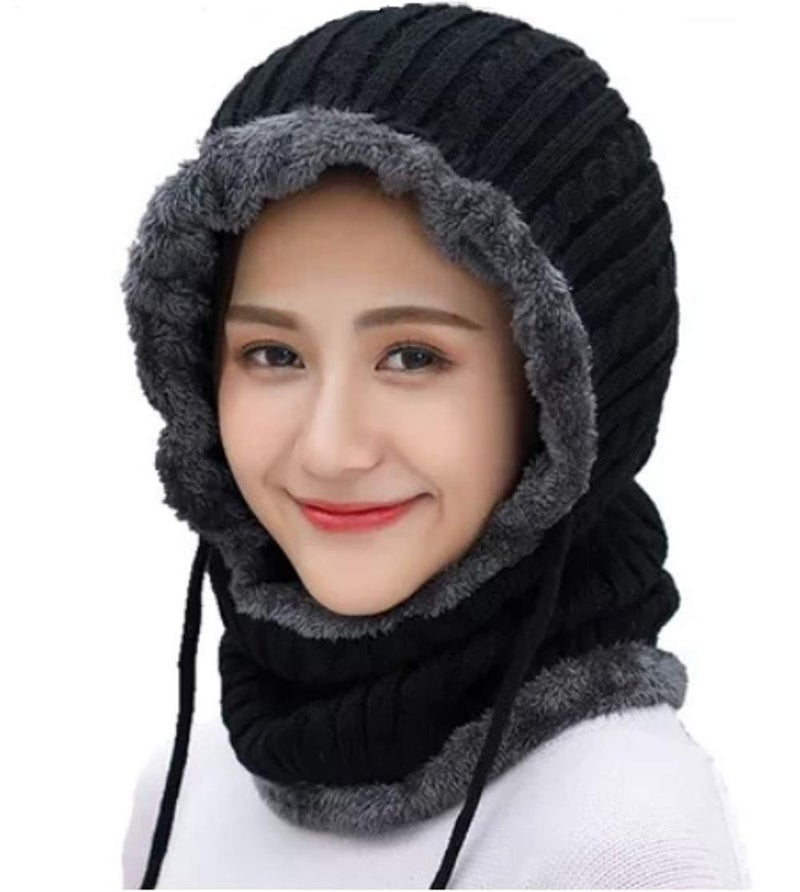 Alexvyan Beanie Warm Cap and Scarf Soft Snow and Air Proof Fleece Knitted Cap (Inside Fur) Woolen Beanie Winter Cap Combined Scarf for Girl Women Ladies (Black) - Image 1