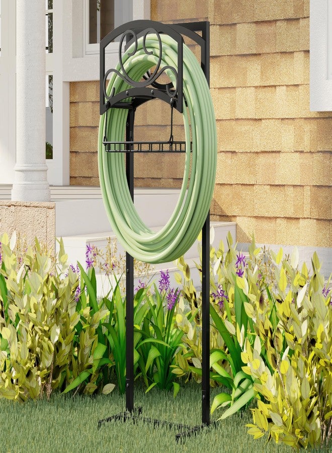 Kingson Freestanding Garden Hose Holder with Storage Basket - Heavy-Duty Black Powder-Coated Steel, Holds 150FT Hose, Detachable & Portable Design with Assembly Tools, Ideal for Outdoor Use - Image 2