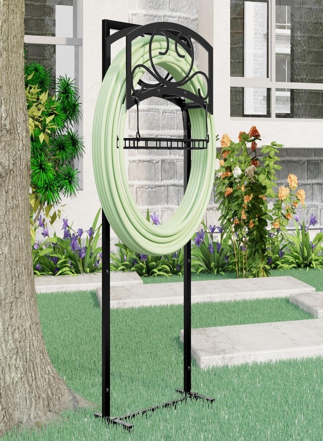 Kingson Freestanding Garden Hose Holder with Storage Basket - Heavy-Duty Black Powder-Coated Steel, Holds 150FT Hose, Detachable & Portable Design with Assembly Tools, Ideal for Outdoor Use - Image 1
