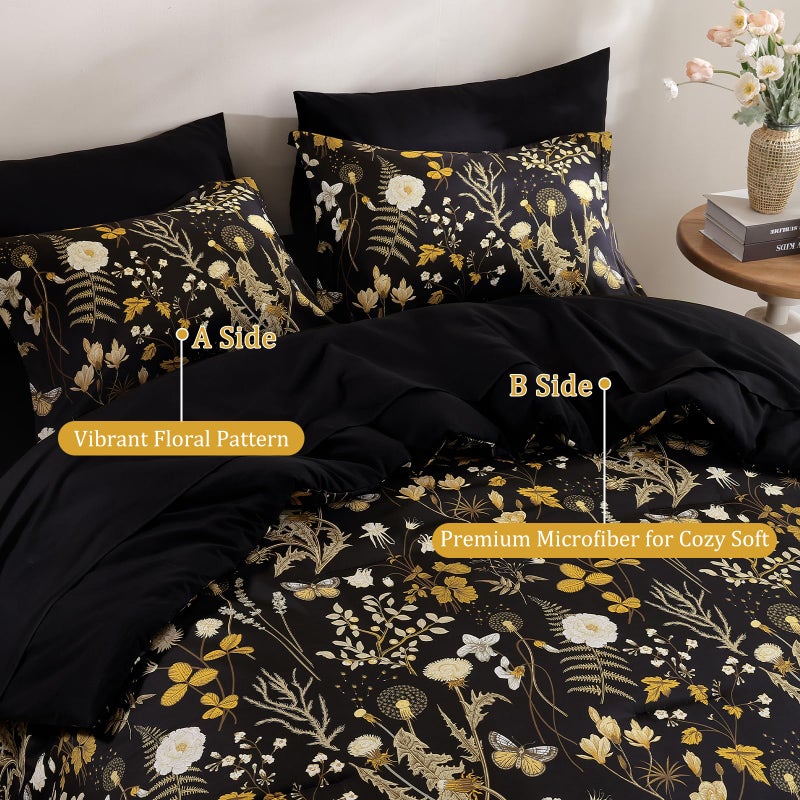 Yiran Queen Comforter Set  7 Pieces Black Floral Soft Bedding Sets  Queen Bed In A Bag With Brown Botanical Flowers Winter Comforter  Sheets  Pillowcases & Shams - Image 3