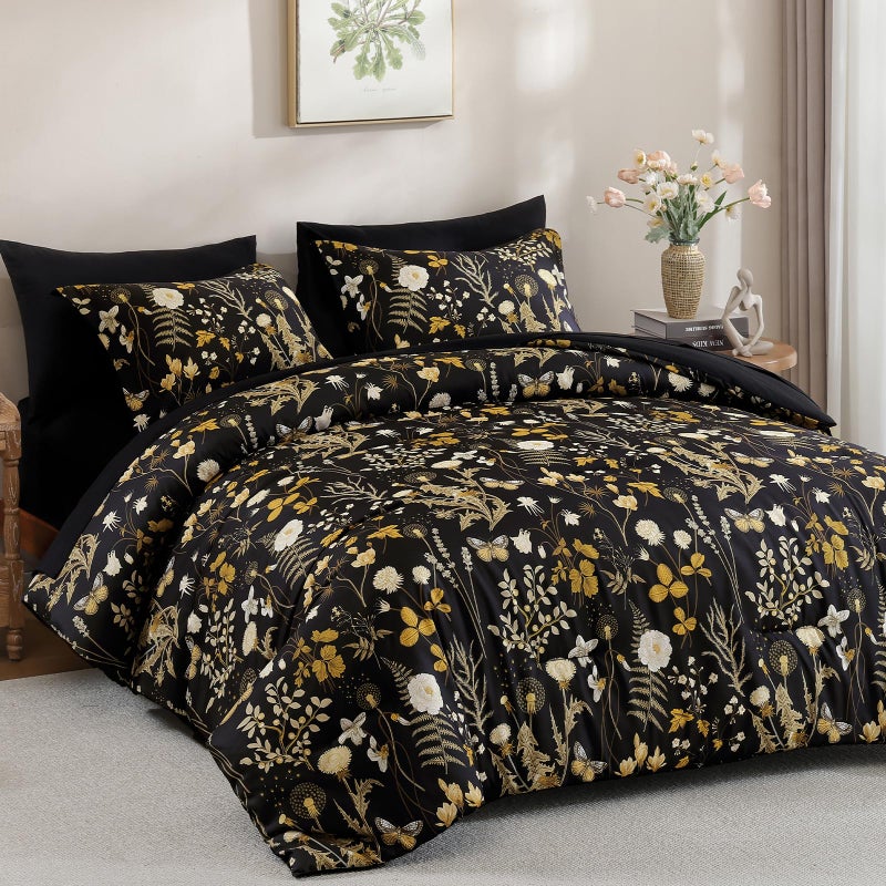 Yiran Queen Comforter Set  7 Pieces Black Floral Soft Bedding Sets  Queen Bed In A Bag With Brown Botanical Flowers Winter Comforter  Sheets  Pillowcases & Shams - Image 2