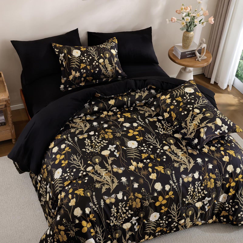 Yiran Queen Comforter Set  7 Pieces Black Floral Soft Bedding Sets  Queen Bed In A Bag With Brown Botanical Flowers Winter Comforter  Sheets  Pillowcases & Shams - Image 5