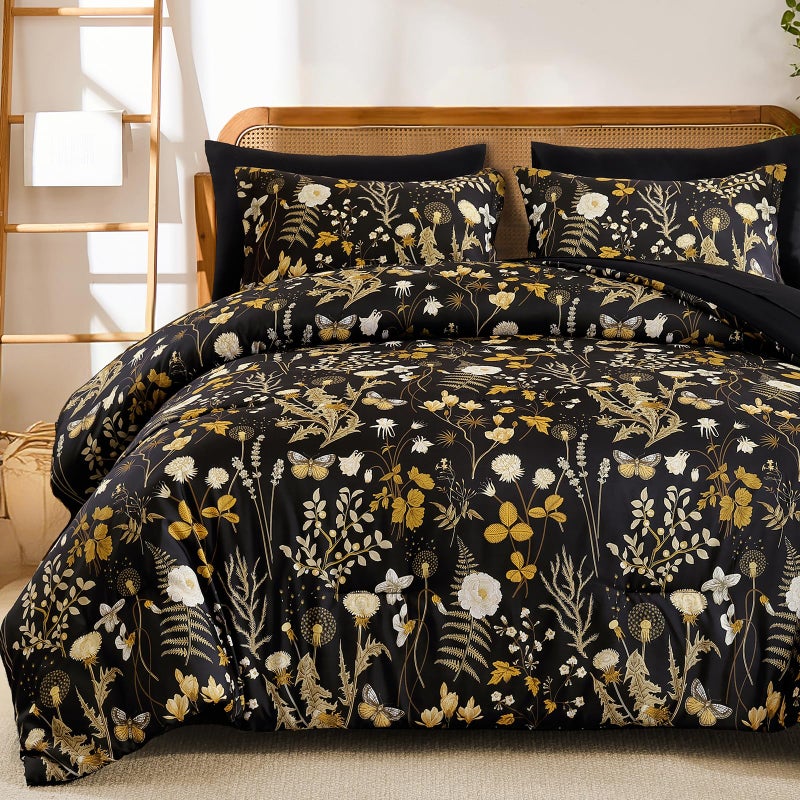 Yiran Queen Comforter Set  7 Pieces Black Floral Soft Bedding Sets  Queen Bed In A Bag With Brown Botanical Flowers Winter Comforter  Sheets  Pillowcases & Shams - Image 1