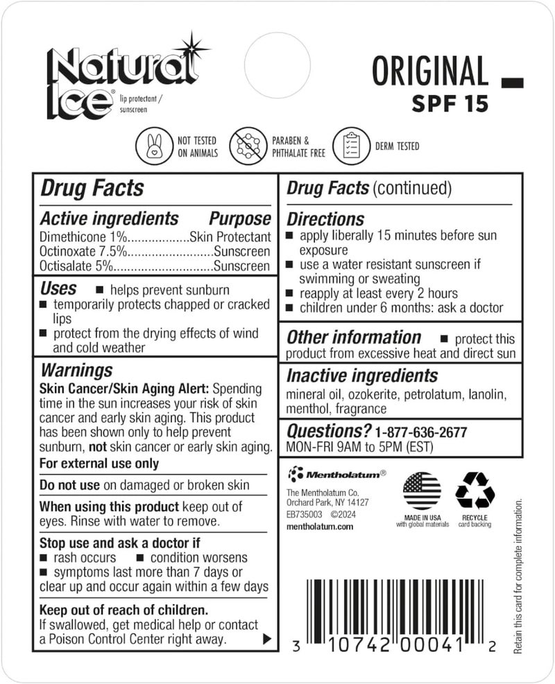 Mentholatum Natural Ice Lip Balm Original SPF 15 - Pack of 3 - Image 3