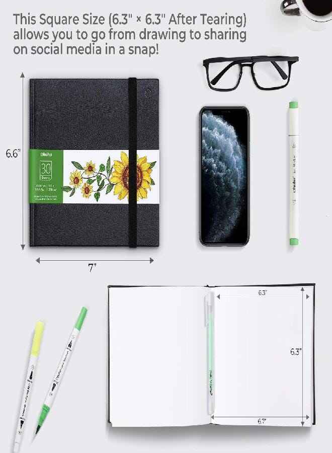 Ohuhu Ohuhu Marker Pads Art Sketchbook, 6.9"x6.5" Mini Square Size, 120 lb/200 GSM Heavy Smooth Drawing Papers, 30 Sheets/60 Pages, Hardcover Sketch Book, for Marker Christmas Gift - Image 5