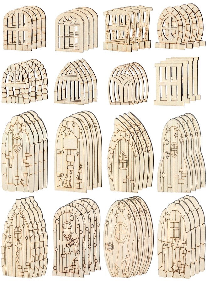 Yulejo 64 Pcs Fairy Door Mini Wooden Garden Doors Unfinished DIY Craft Fairy House Kit Unpainted Wood Miniature Blank Windows for Home Office Wedding Party Decoration Accessories - Image 1