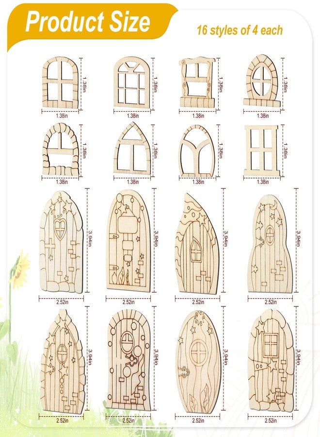Yulejo 64 Pcs Fairy Door Mini Wooden Garden Doors Unfinished DIY Craft Fairy House Kit Unpainted Wood Miniature Blank Windows for Home Office Wedding Party Decoration Accessories - Image 2