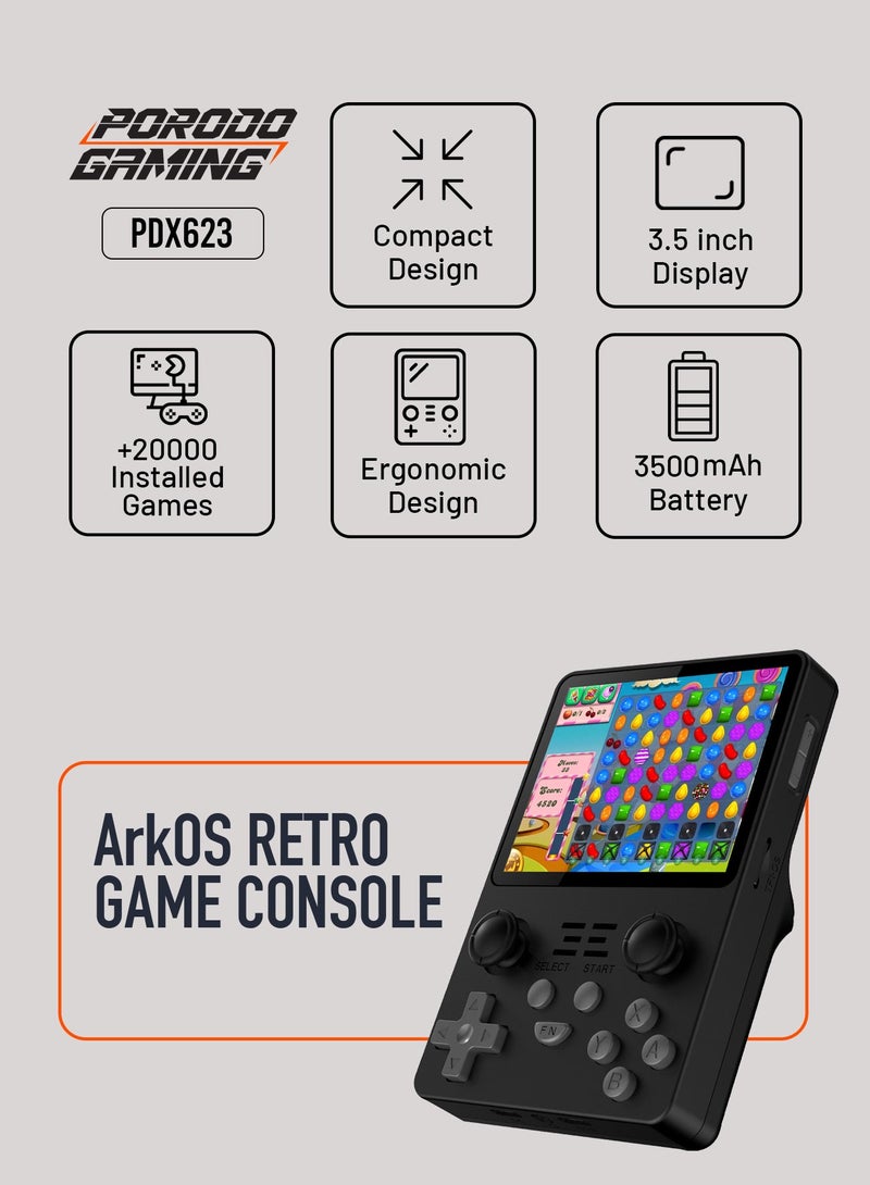 porodo Arkos Retro Gaming Console with 3.5” Display & 20000 Pre-installed Games/ 3500mAh Battery/ Multiple Emulators / Portable Retro Console/Arcade, Mario Kart, Crash Bandicoot, Pac-Man,Street Fighter Classic Gaming Console - Black - Image 2