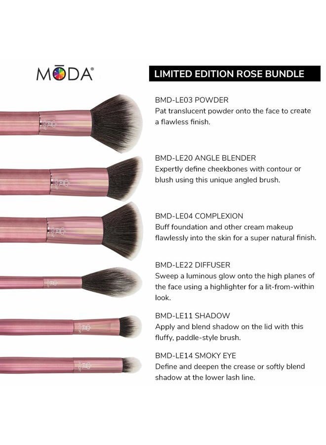 MODA Limited Edition 6PC Rose Bundle Makeup Brush Set, Includes - Powder, Angle Blender, Diffuser, Shadow, and Smokey Eye Brushes - Image 4