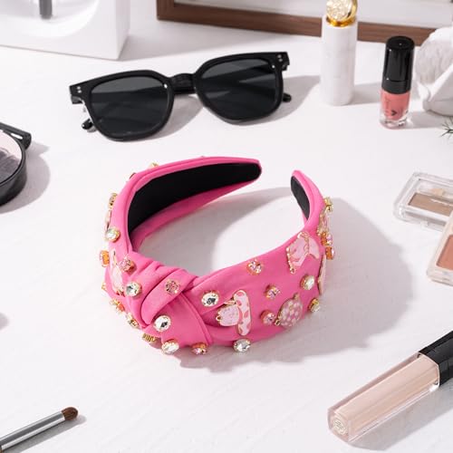 PANTIDE Western Jeweled Knotted Headband - Cowgirl Boots Hat Rhinestone Crystal Embellished Headband Wide Top Knot Fashion Hairband Hair Accessories Birthday Gift for Cowboy Women Girls (Hot Pink) - Image 4