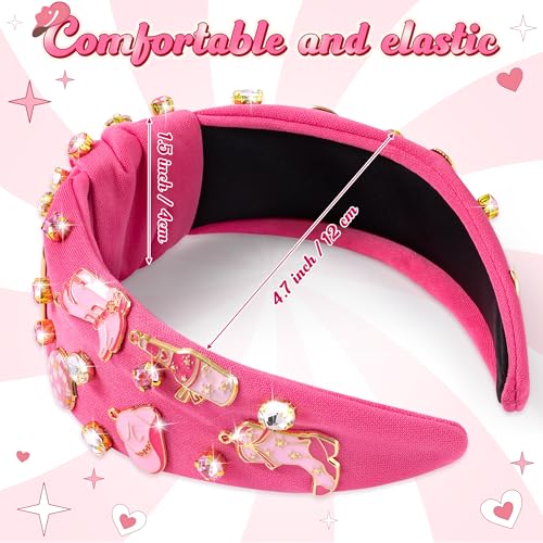 PANTIDE Western Jeweled Knotted Headband - Cowgirl Boots Hat Rhinestone Crystal Embellished Headband Wide Top Knot Fashion Hairband Hair Accessories Birthday Gift for Cowboy Women Girls (Hot Pink) - Image 2