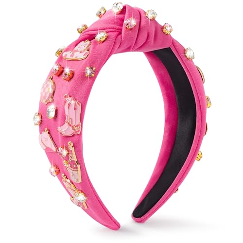 PANTIDE Western Jeweled Knotted Headband - Cowgirl Boots Hat Rhinestone Crystal Embellished Headband Wide Top Knot Fashion Hairband Hair Accessories Birthday Gift for Cowboy Women Girls (Hot Pink) - Image 1