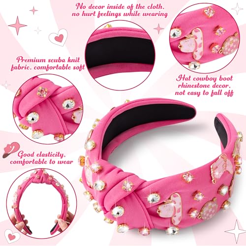 PANTIDE Western Jeweled Knotted Headband - Cowgirl Boots Hat Rhinestone Crystal Embellished Headband Wide Top Knot Fashion Hairband Hair Accessories Birthday Gift for Cowboy Women Girls (Hot Pink) - Image 3