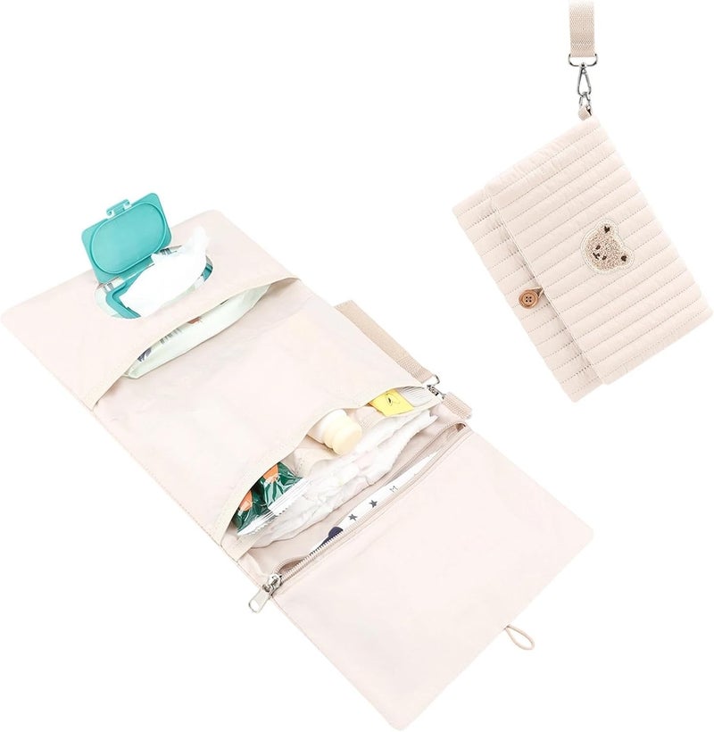 Pochette À Couches Et Lingettes - Pochette Pliable Avec Broderie Ours Mignon - Avec Compartiment Pour Sangle De Poussette Et Organisateurs De Sac À Langer - pour papa parent garçon fille maman voyage - Image 2