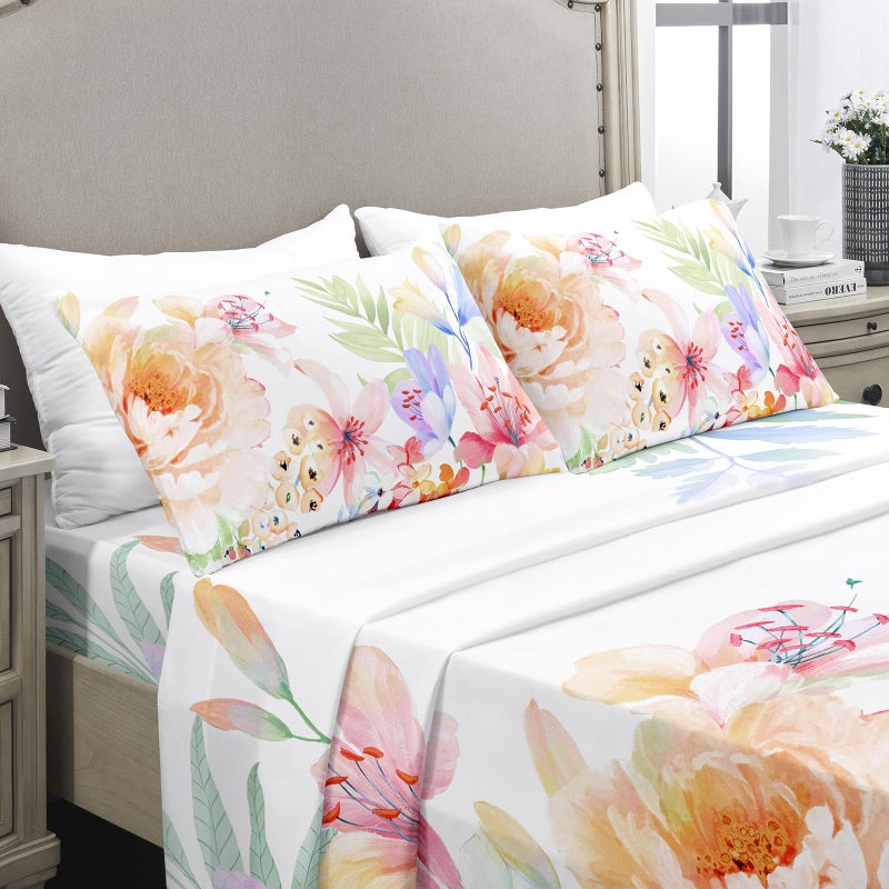 YIYEA Queen Sheet Set, Luxury 1800TC Hotel Quality Double Brushed Microfiber Floral Bed Sheets for Queen Size Bed, Extra Soft, Deep Pocket, Shrinkage and Fade Resistant, 4PC (Queen) - Image 1