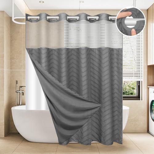 FADOTY No Hook Shower Curtain and Snap in Liner Set Grey Tufted Chevron Striped Cloth Waterproof Washable Fabric Boho Gray Bath Curtain with See Through Mesh Top Window for Bathroom Hotel 71" x 86" - Image 1