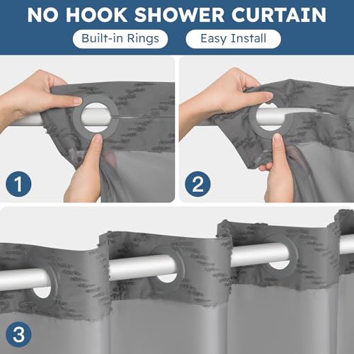 FADOTY No Hook Shower Curtain and Snap in Liner Set Grey Tufted Chevron Striped Cloth Waterproof Washable Fabric Boho Gray Bath Curtain with See Through Mesh Top Window for Bathroom Hotel 71" x 86" - Image 2