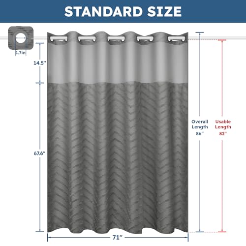 FADOTY No Hook Shower Curtain and Snap in Liner Set Grey Tufted Chevron Striped Cloth Waterproof Washable Fabric Boho Gray Bath Curtain with See Through Mesh Top Window for Bathroom Hotel 71" x 86" - Image 5