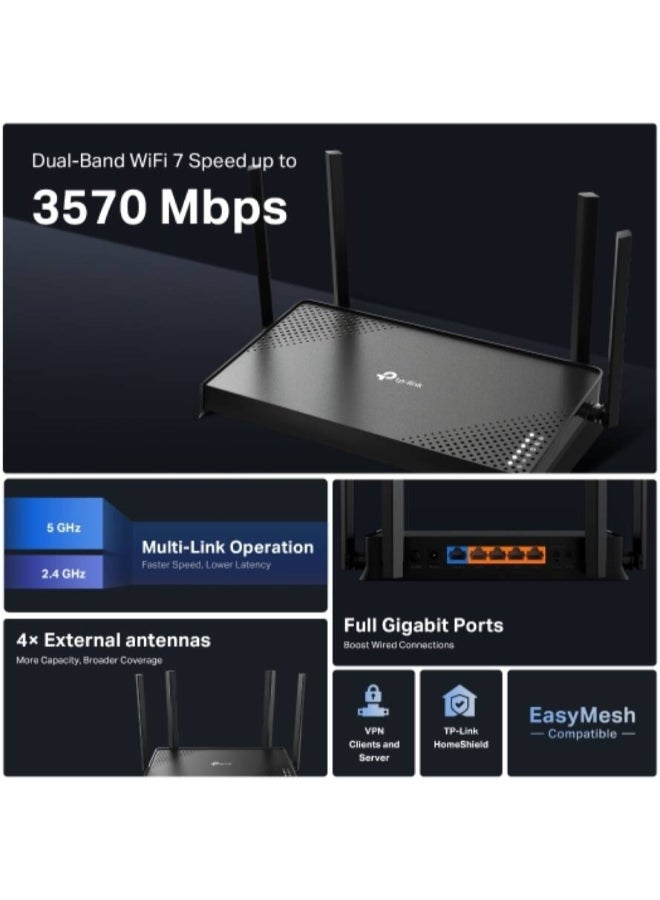 TP-LINK Archer BE220, BE3600 Dual-Band Wi-Fi 7 Router, TP-Link BE3600 WiFi 7 Dual-Band Wireless Router, Up to 3.6Gbps Speeds, Full Gigabit WAN/LAN Ports, 4 External Antennas, EasyMesh | Archer BE220 Black - Image 4