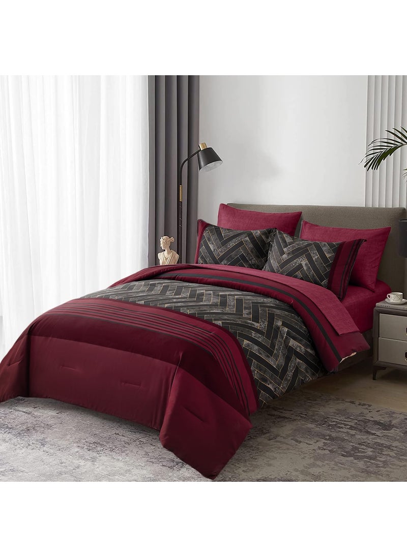 Luxudecor Luxudecor Burgundy Comforter Set Queen Size 7 Pieces Red and Black Stripe Bed in a Bag Geometric Comforter and Sheet Set  Soft Microfiber Complete Bedding Sets for All Seasons  - Image 3